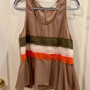 Double Zero sleeveless Taupe sheer Top w/ orange, ivory, and olive green rouged